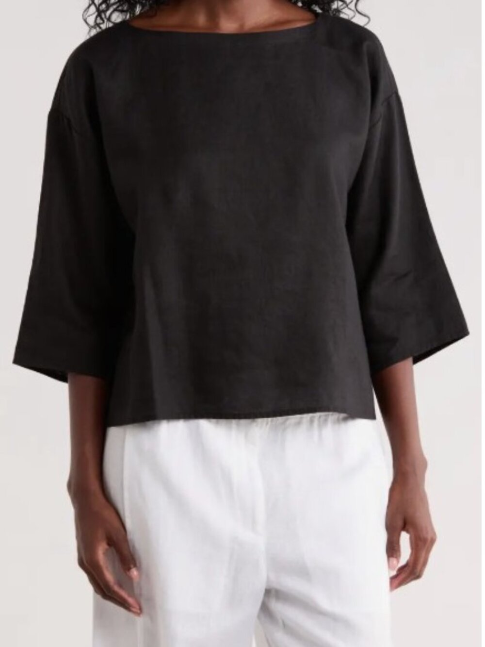 Eileen Fisher Linen Bateau Neck Box Top - Black - SZ L